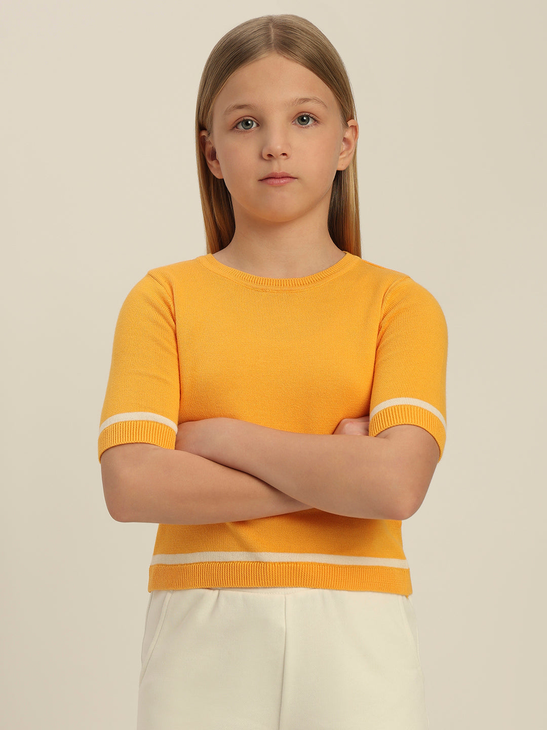 Girls Yellow Short Sleeves Knit Top
