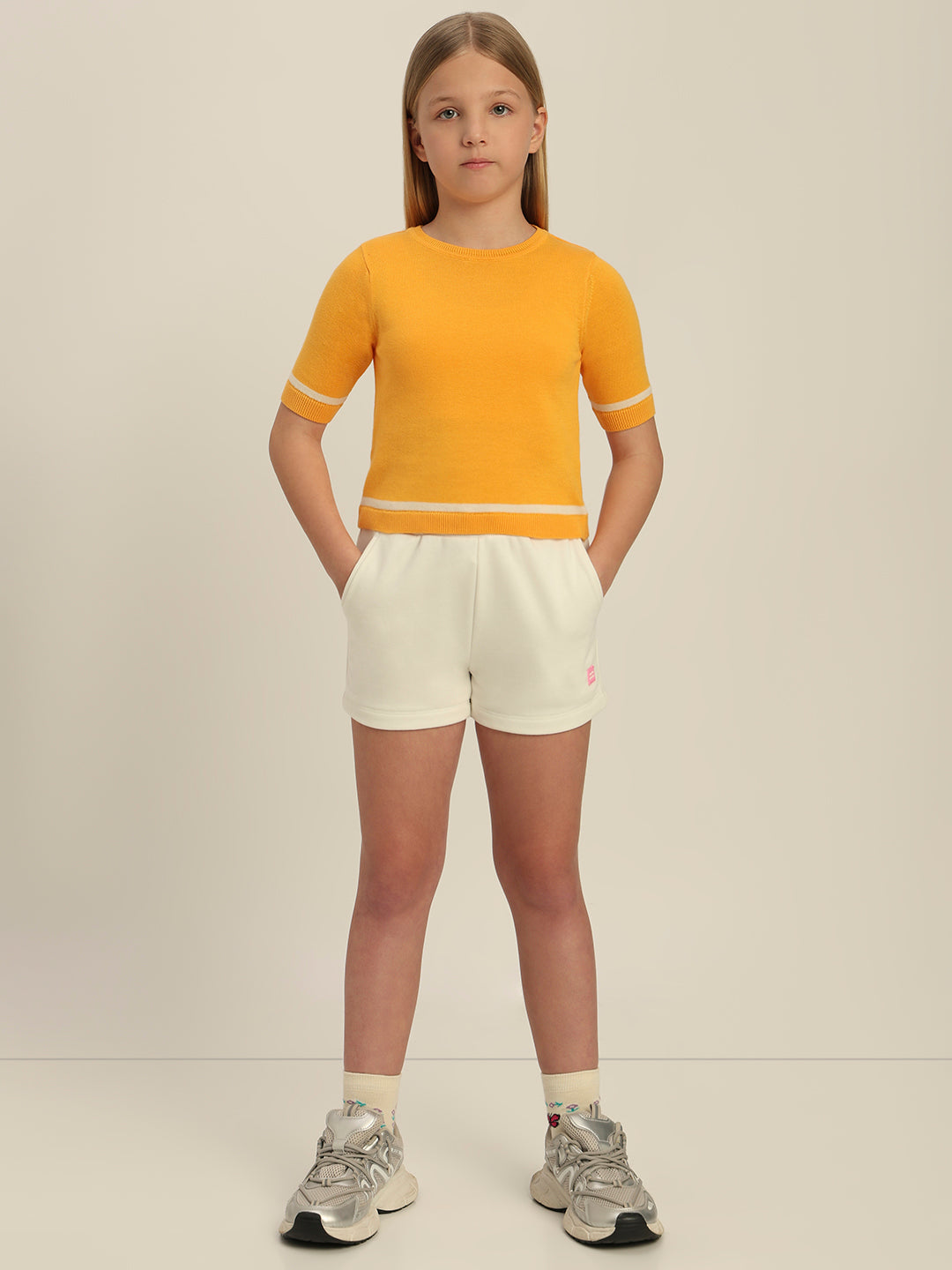 Girls Yellow Short Sleeves Knit Top