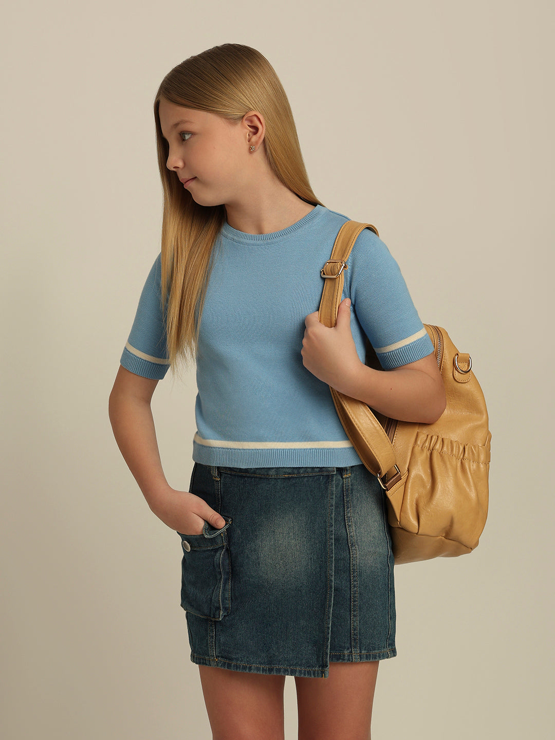 Girls Blue Short Sleeves Knit Top