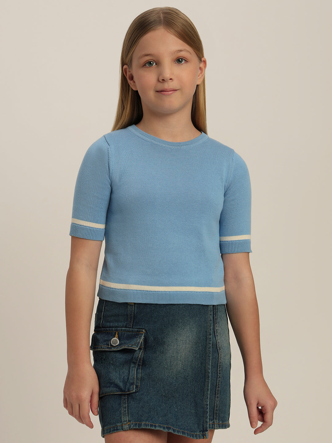 Girls Blue Short Sleeves Knit Top