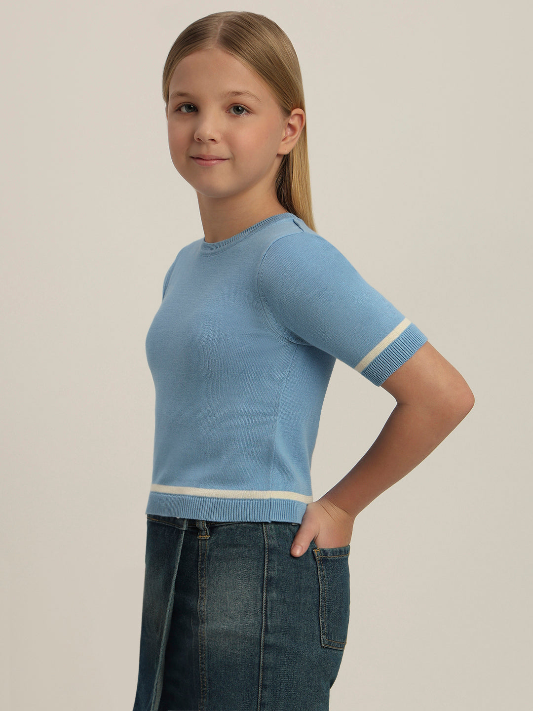 Girls Blue Short Sleeves Knit Top
