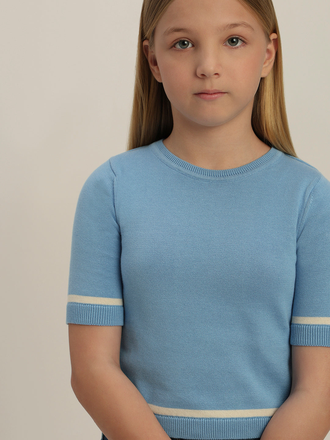 Girls Blue Short Sleeves Knit Top