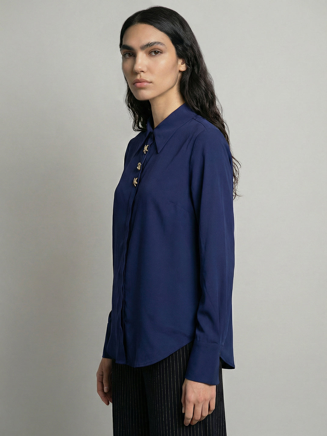 Dark Blue Shell Button Detail Shirt