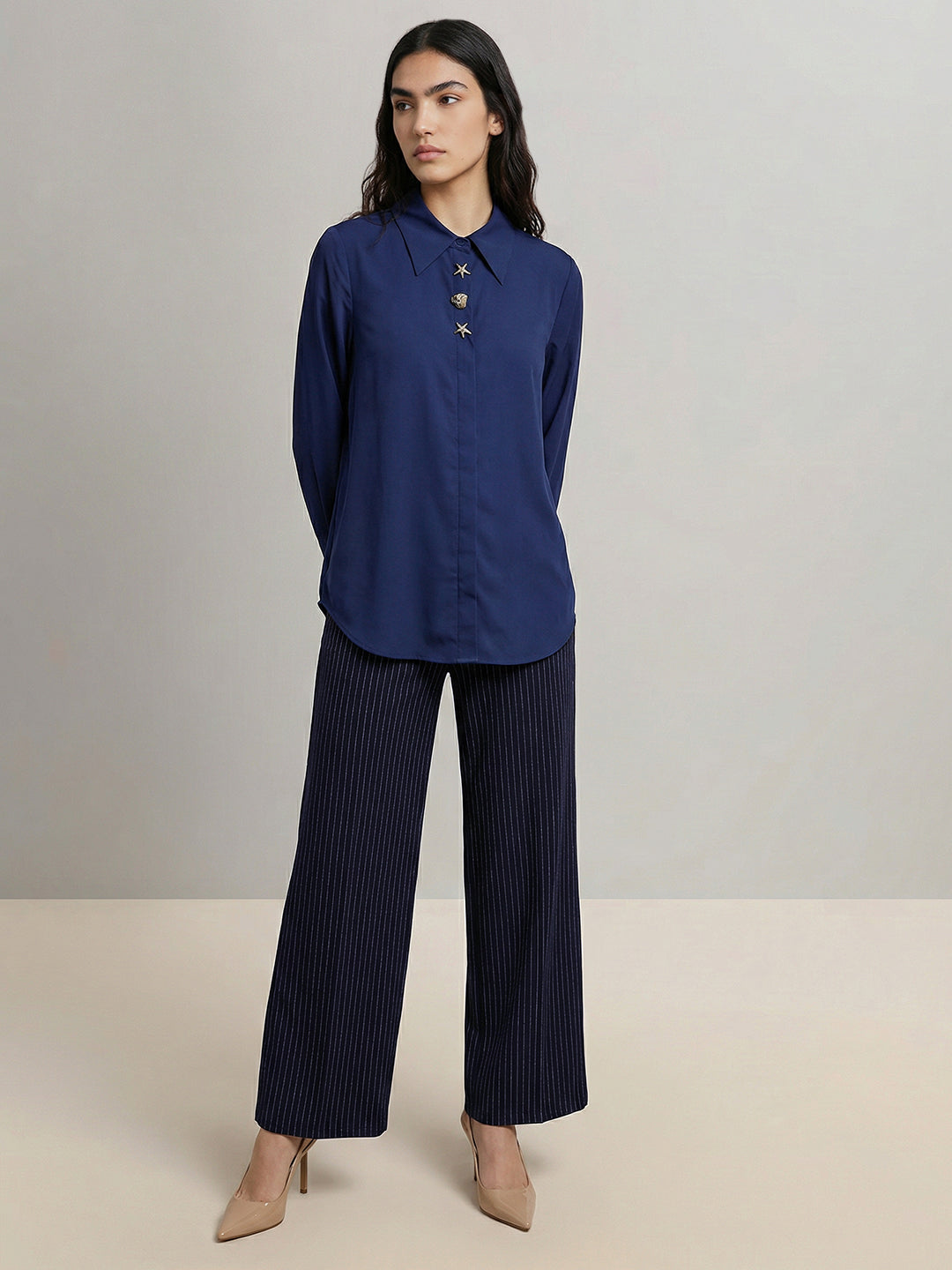 Dark Blue Shell Button Detail Shirt