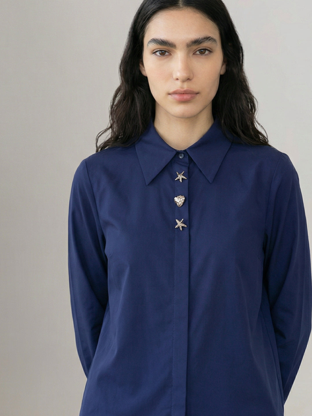 Dark Blue Shell Button Detail Shirt