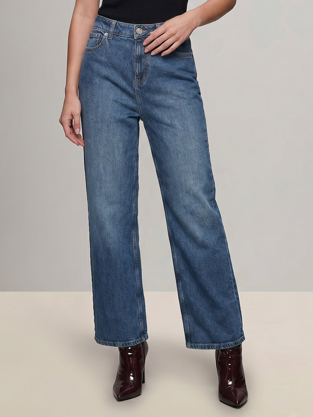 Blue Mid Rise Wide Leg Jeans