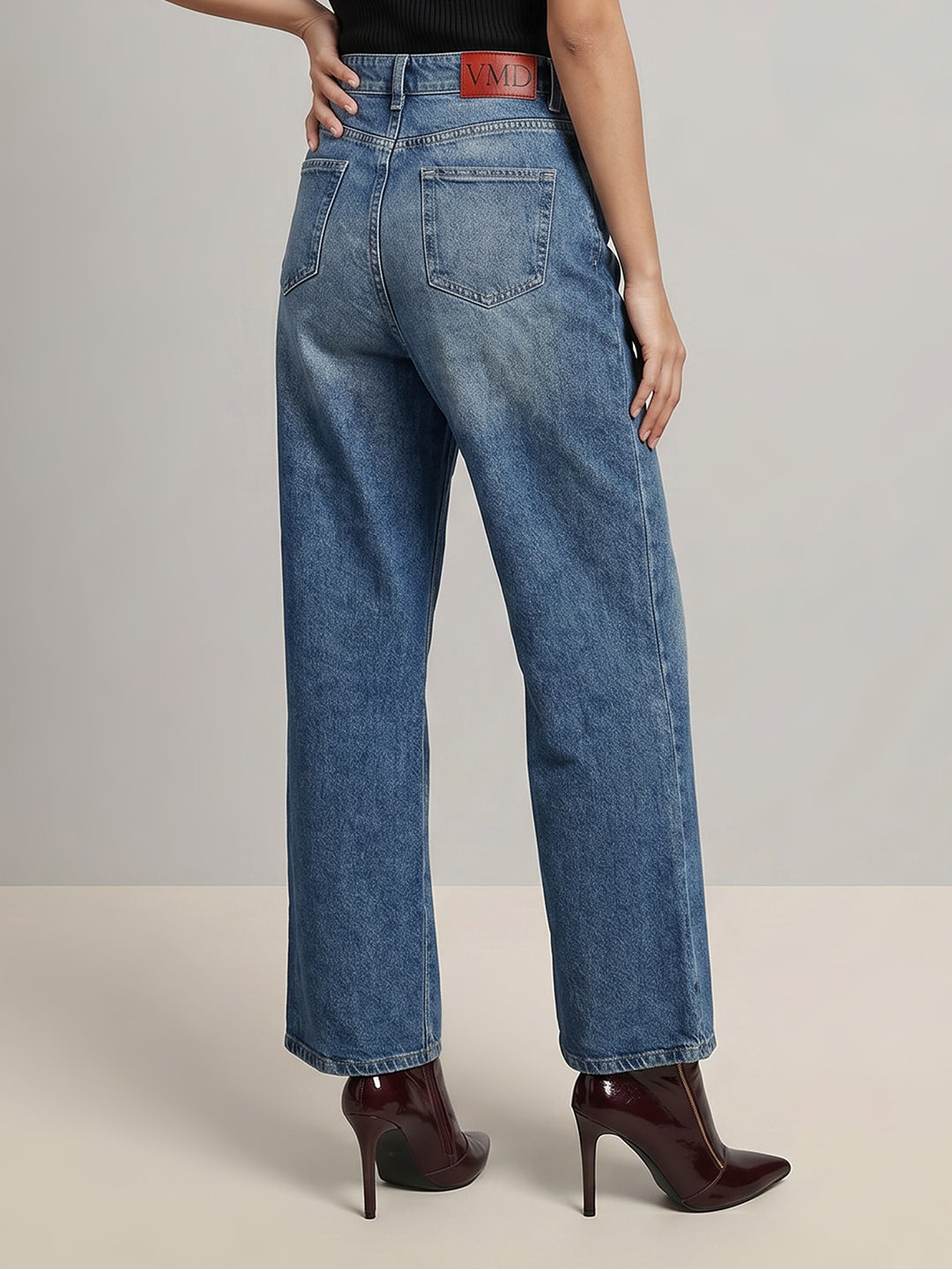 Blue Mid Rise Wide Leg Jeans