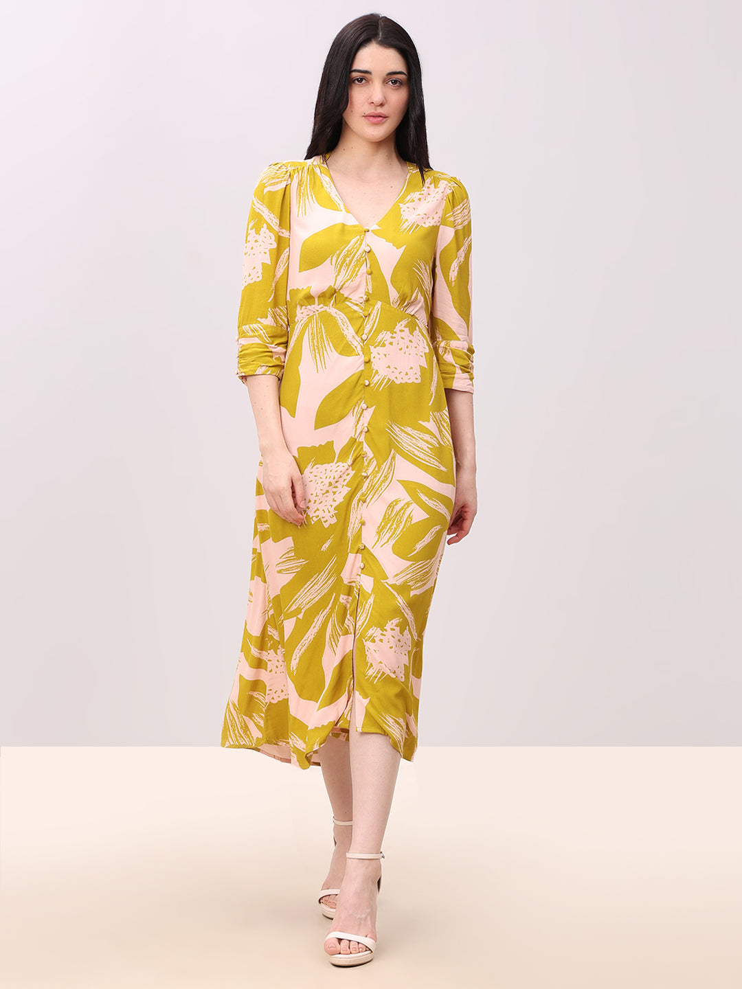 Abstract Print V-Neck Midi Dress