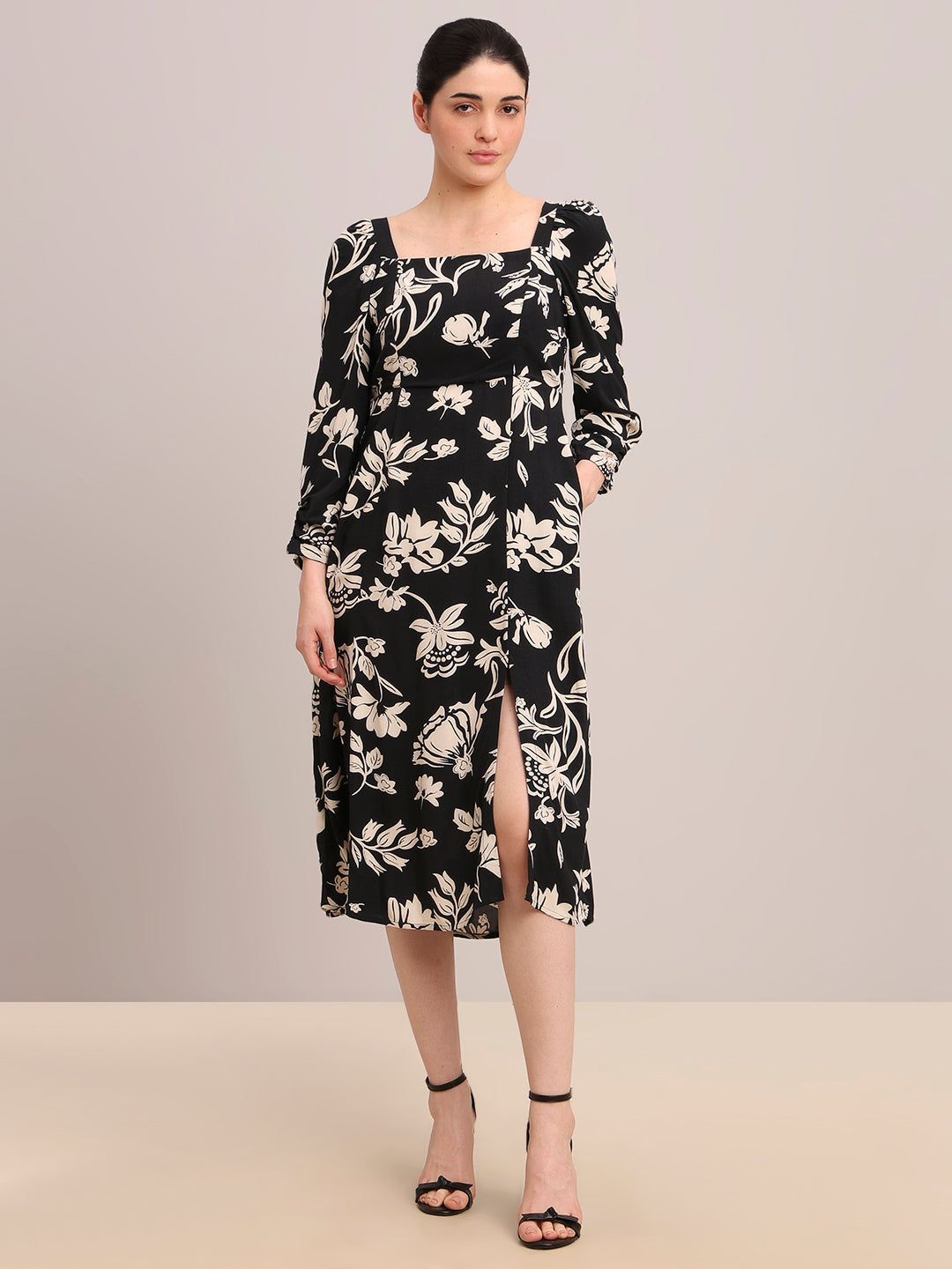 Black Printed Viscose Midi Dress
