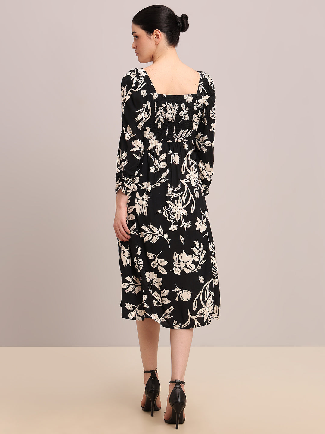 Black Printed Viscose Midi Dress
