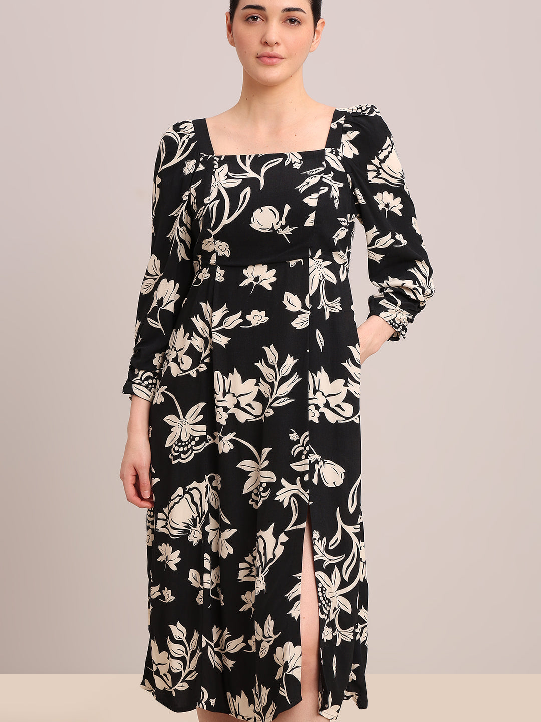 Black Printed Viscose Midi Dress