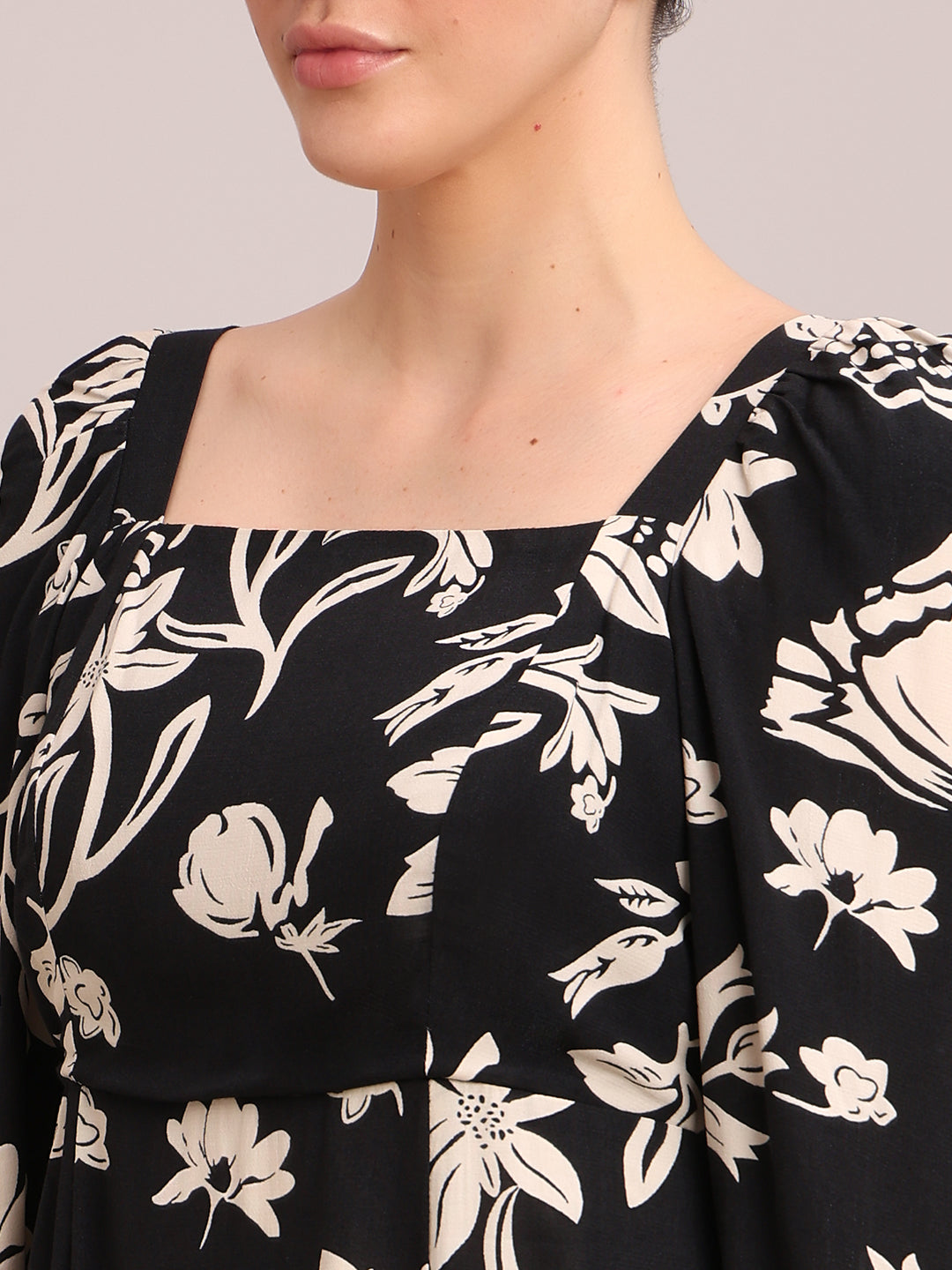 Black Printed Viscose Midi Dress