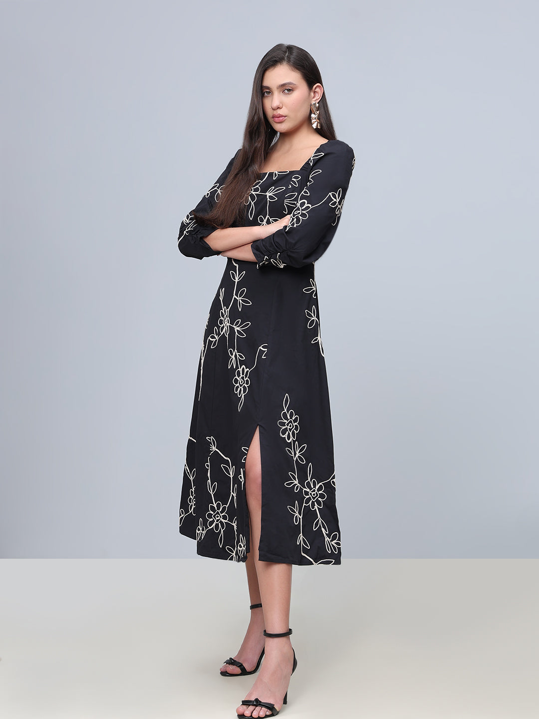 Black Embroidered Cotton Midi Dress