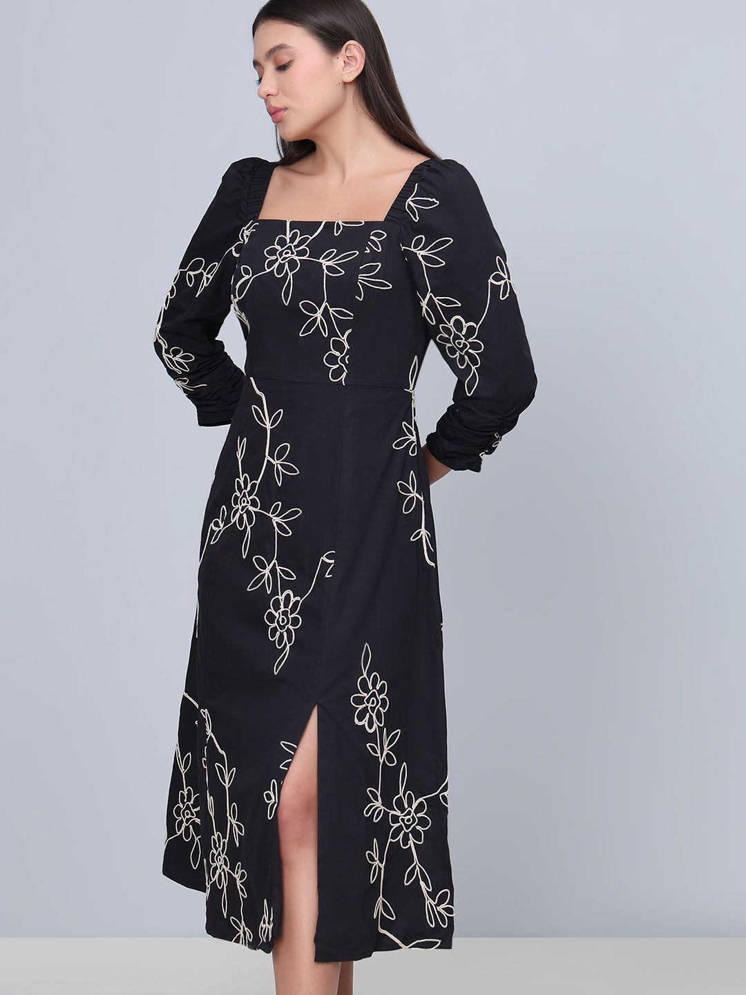Black Embroidered Cotton Midi Dress