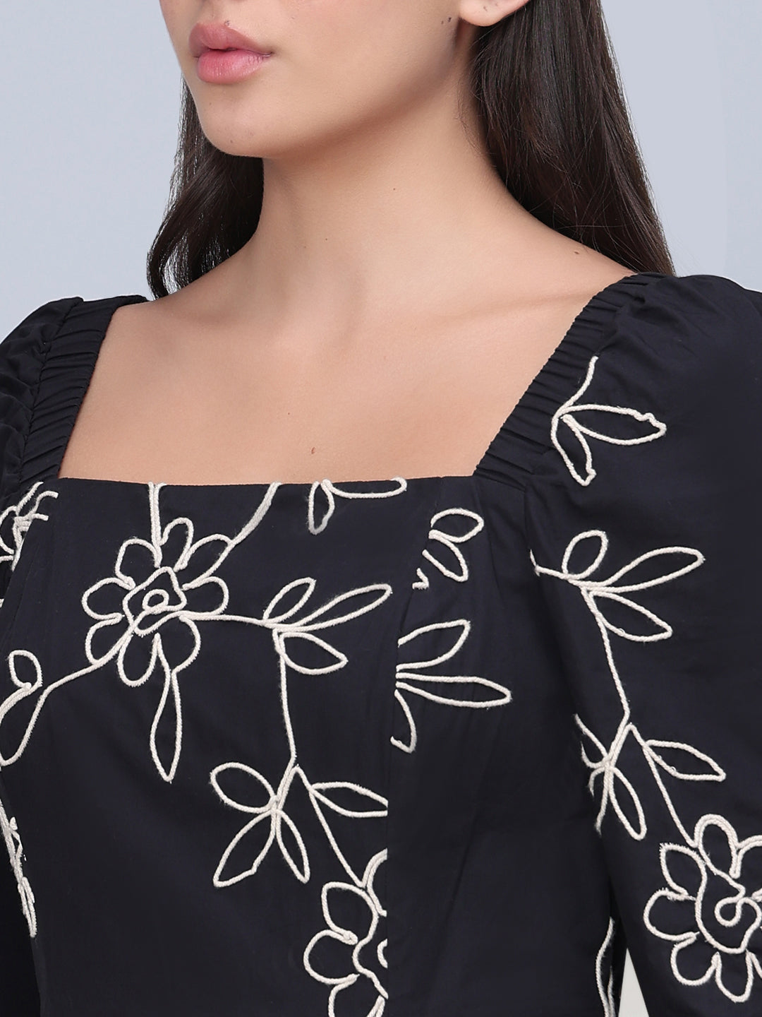 Black Embroidered Cotton Midi Dress