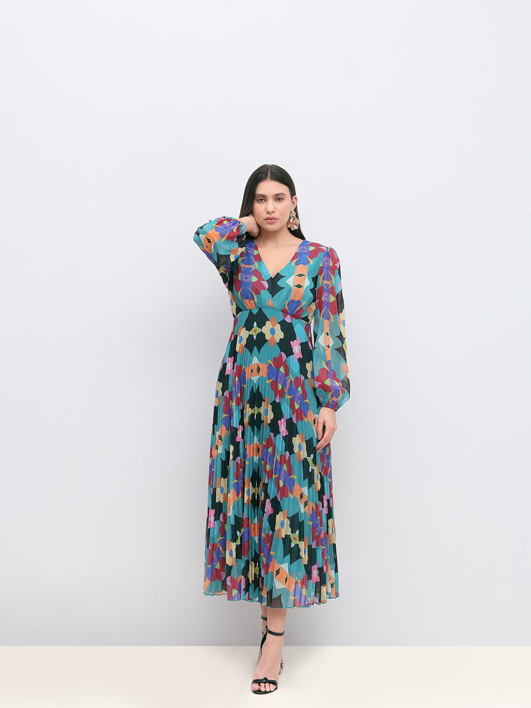 Multi-Colour Printed Pleated Dress