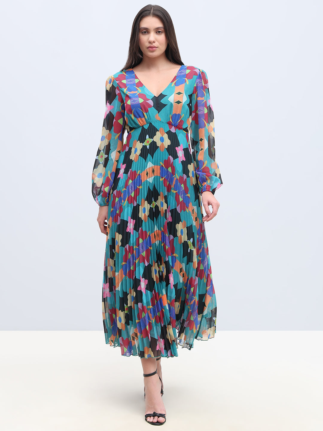 Multi-Colour Printed Pleated Dress