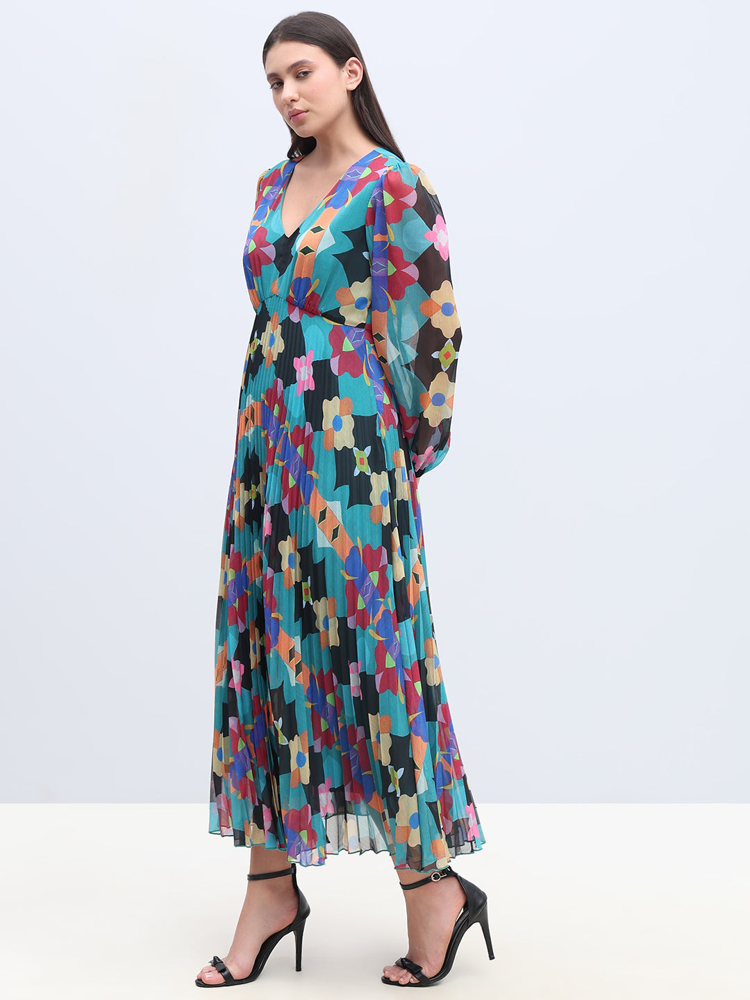 Multi-Colour Printed Pleated Dress