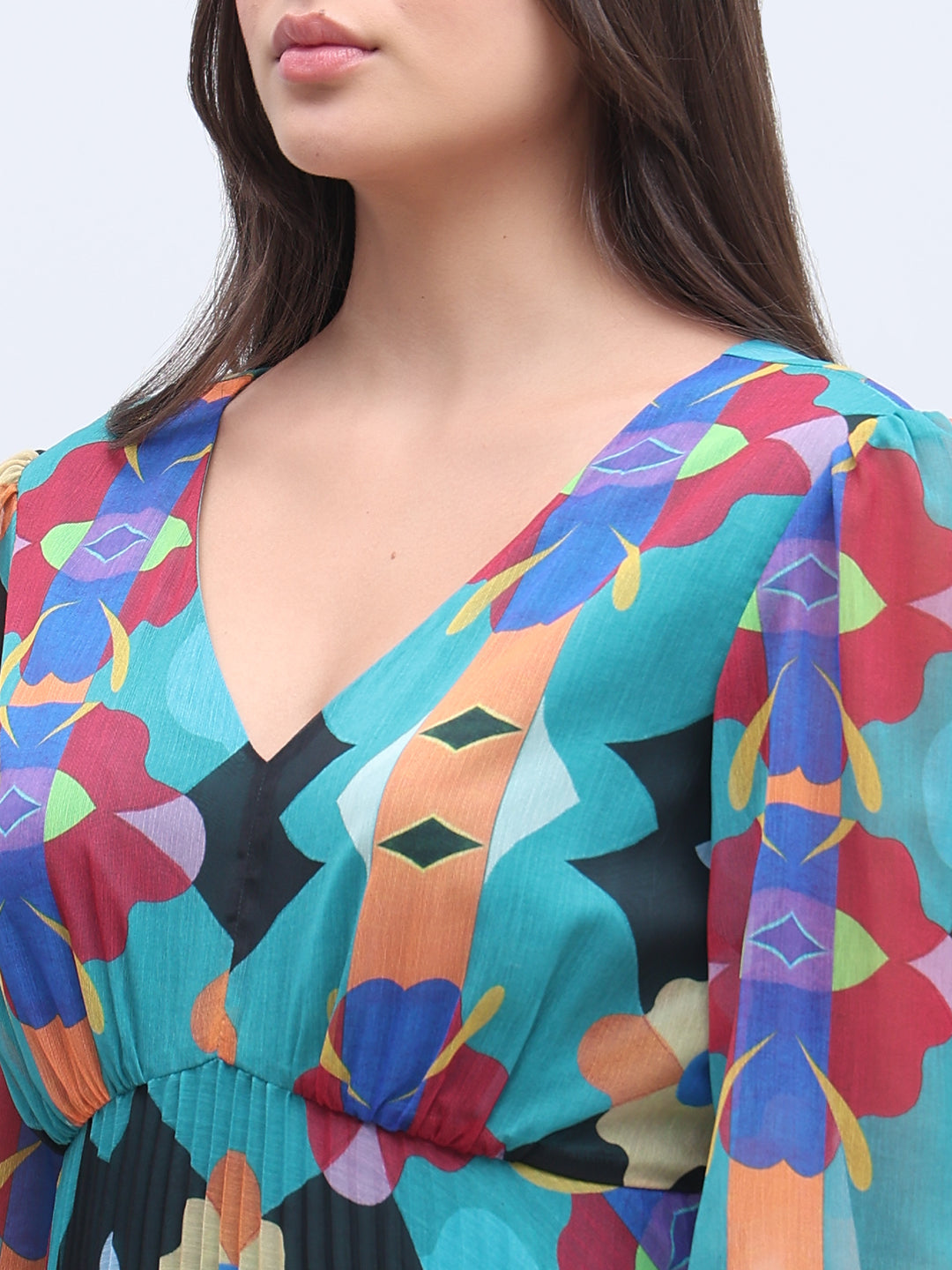 Multi-Colour Printed Pleated Dress