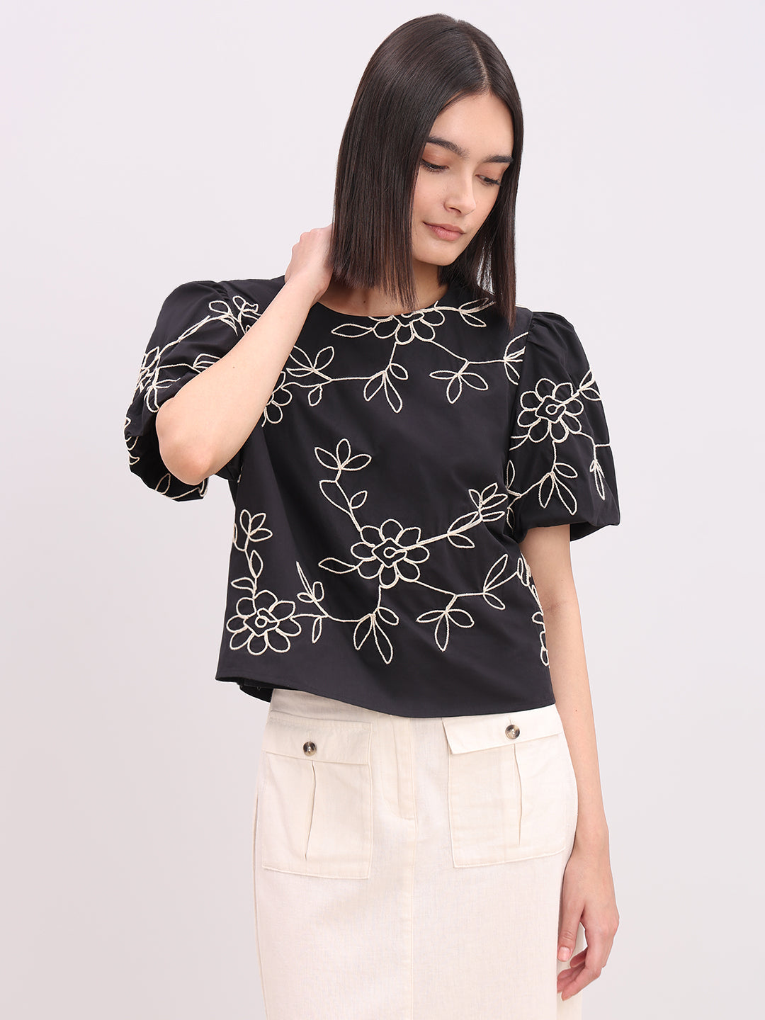 Black Printed Cotton Top