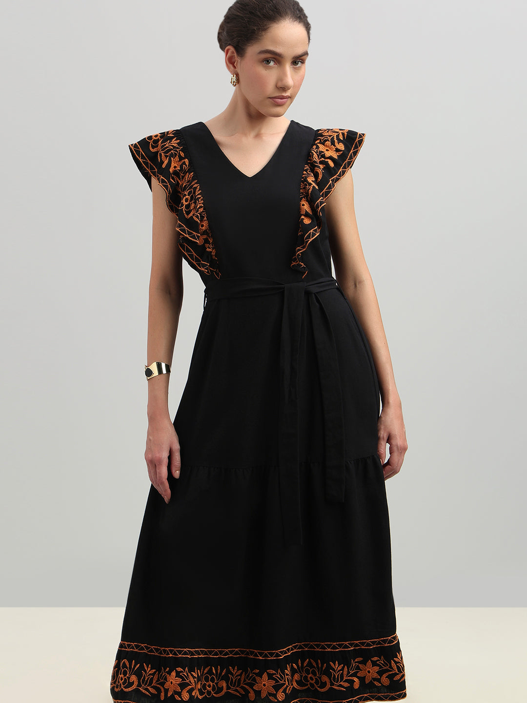 Black Contrast Embroidered Dress