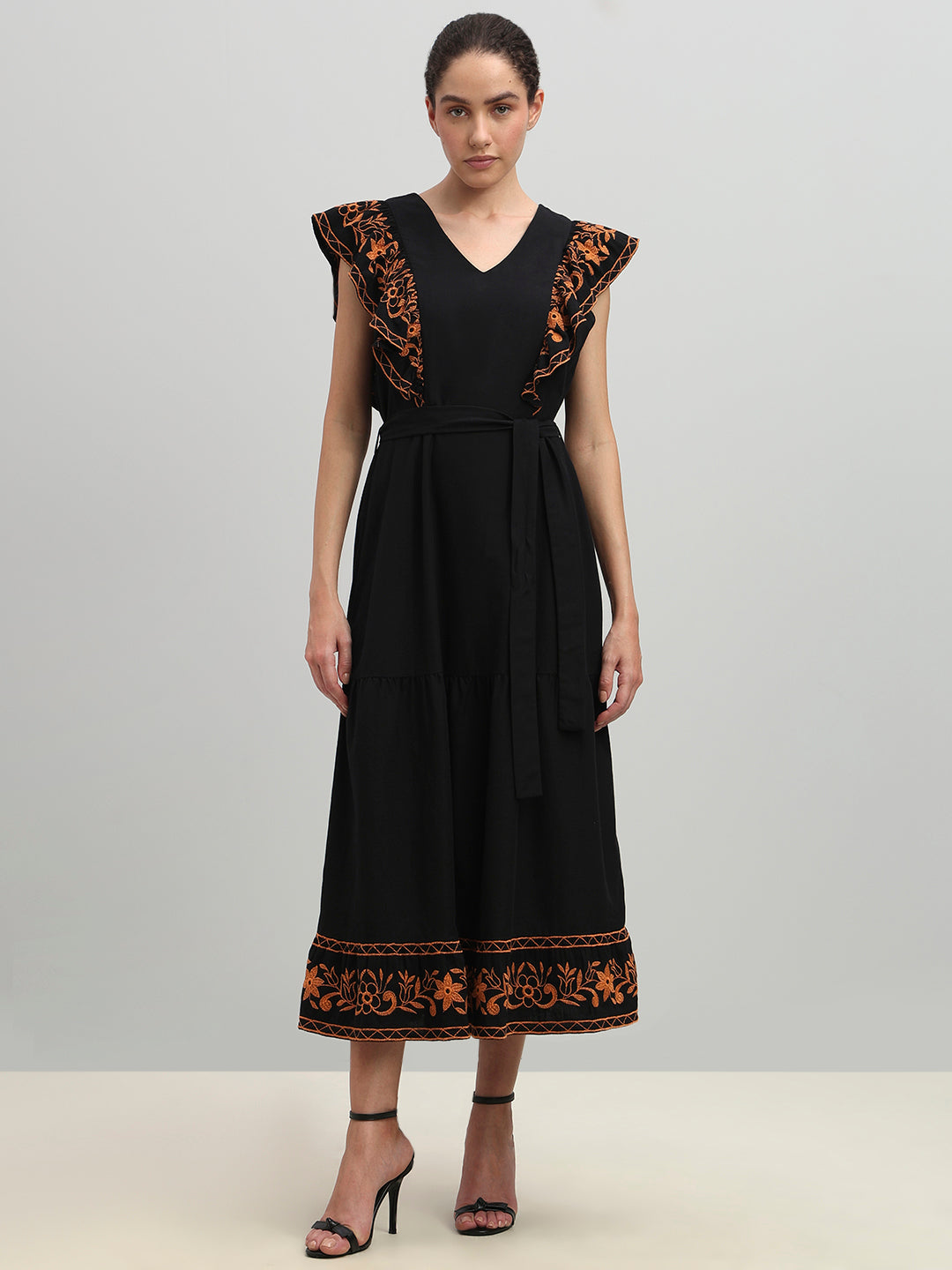 Black Contrast Embroidered Dress