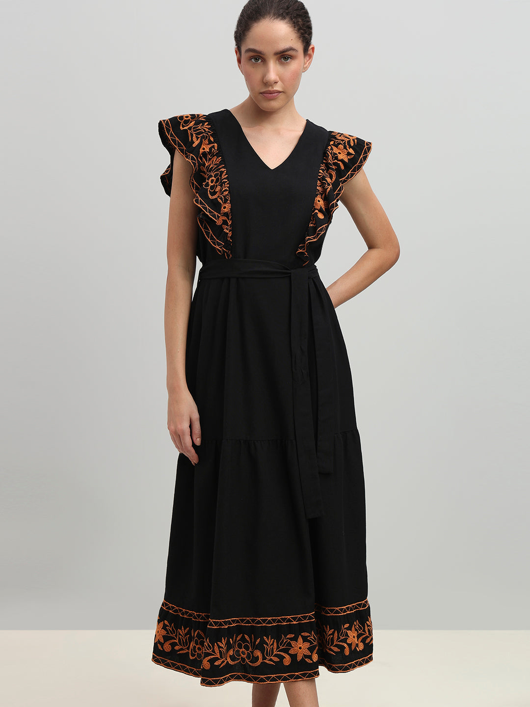 Black Contrast Embroidered Dress