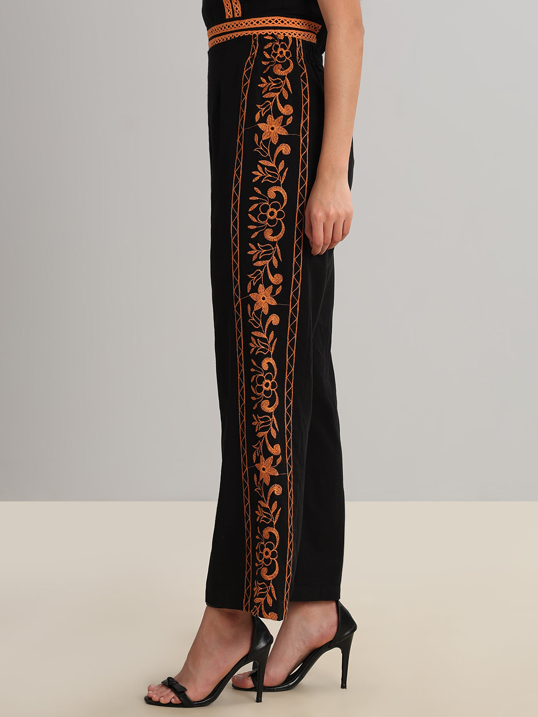 Black Contrast Embroidered Pants