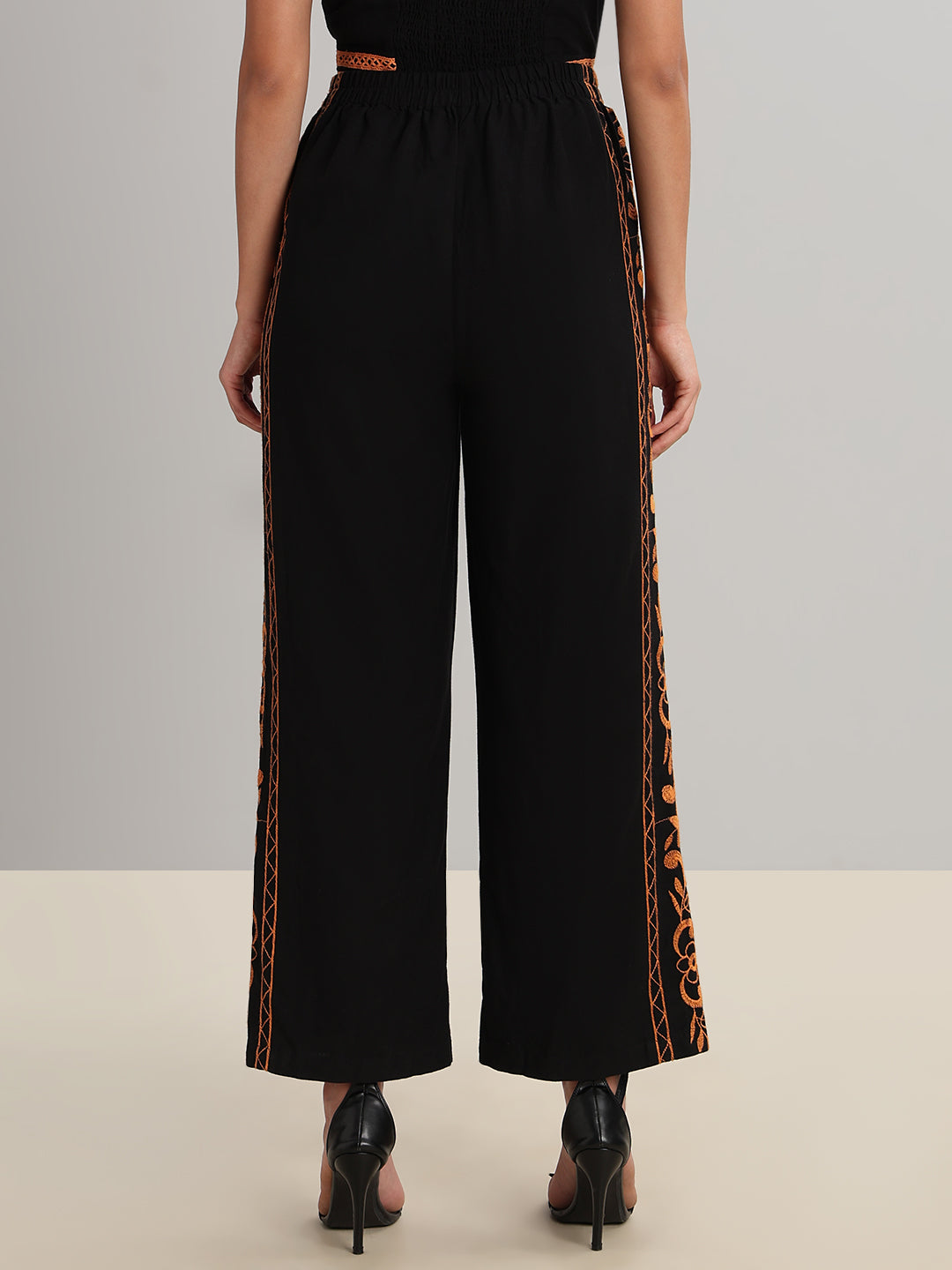 Black Contrast Embroidered Pants