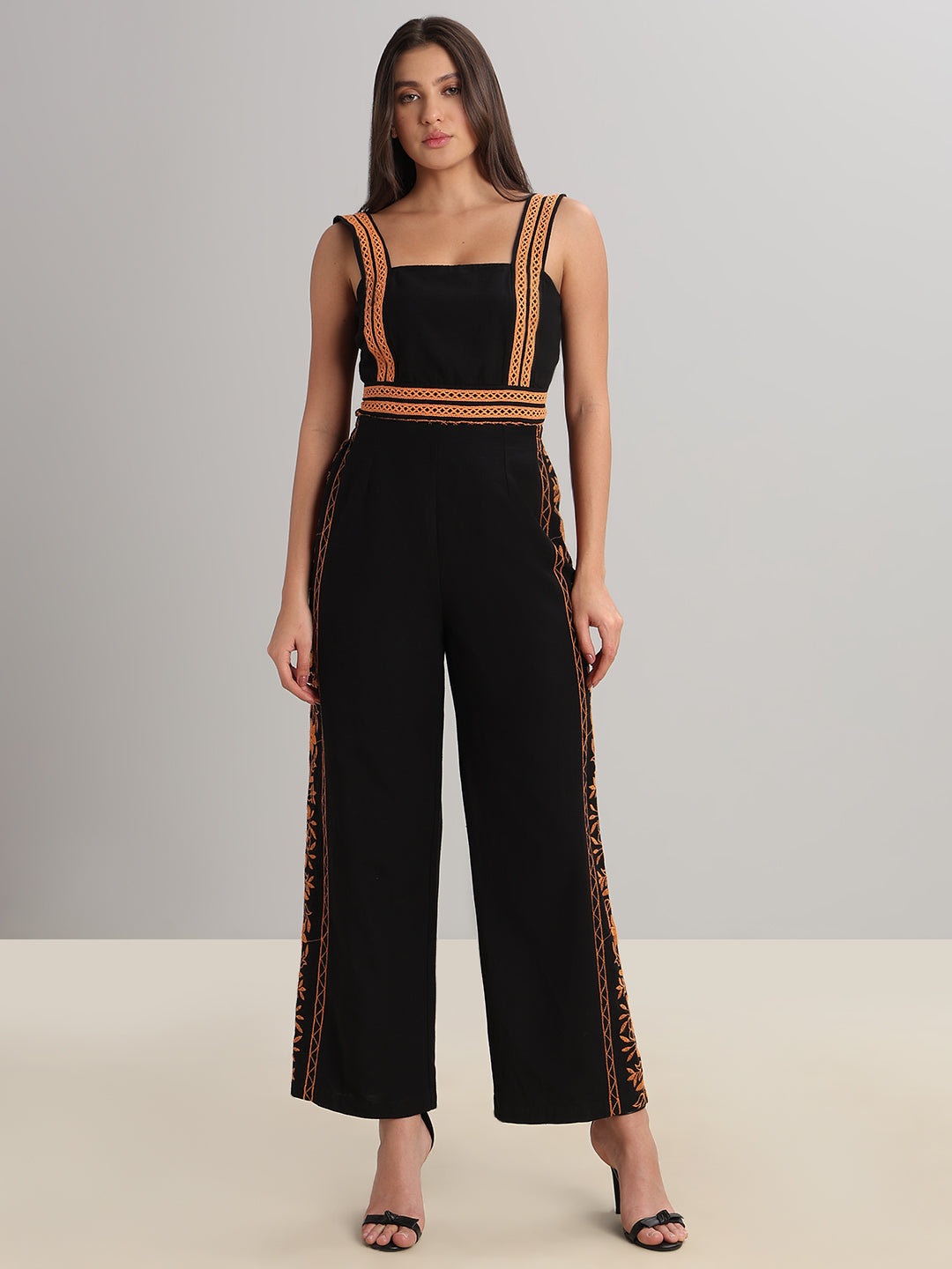Black Contrast Embroidered Pants