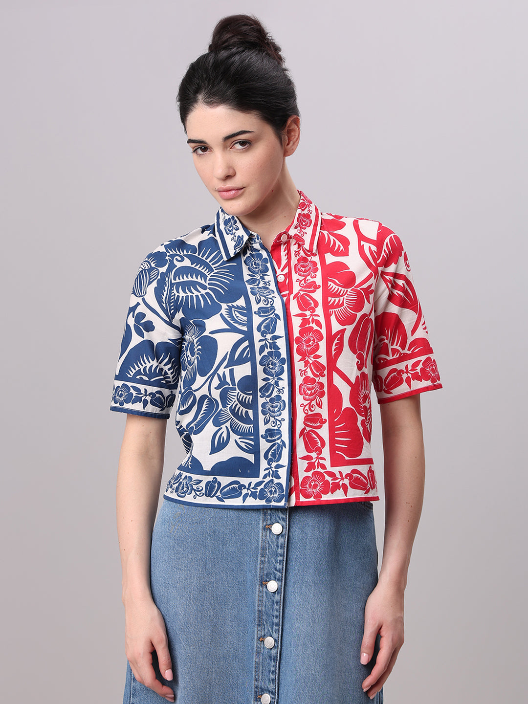 Colourblocked Printed Cotton Shirt
