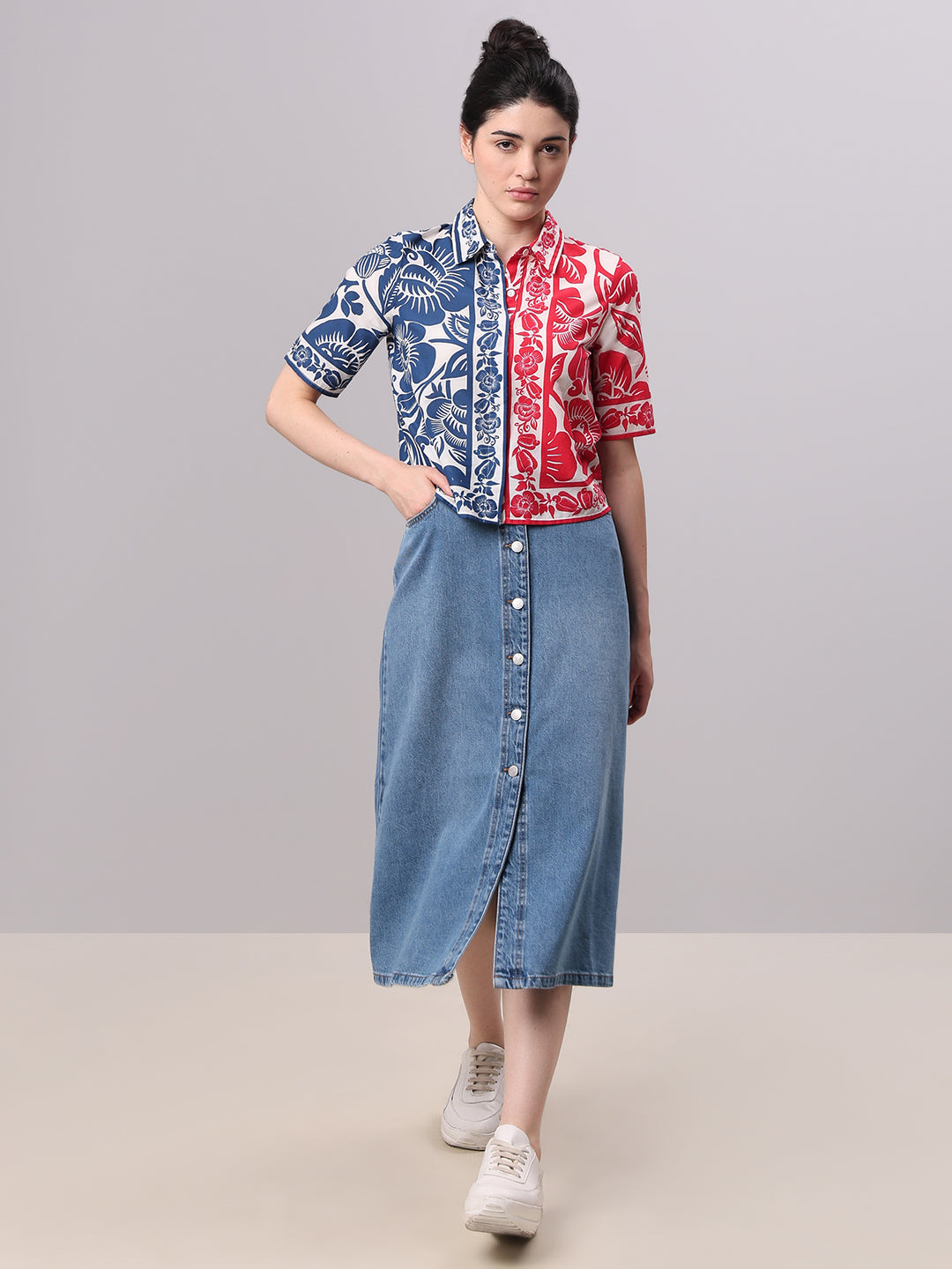 Colourblocked Printed Cotton Shirt