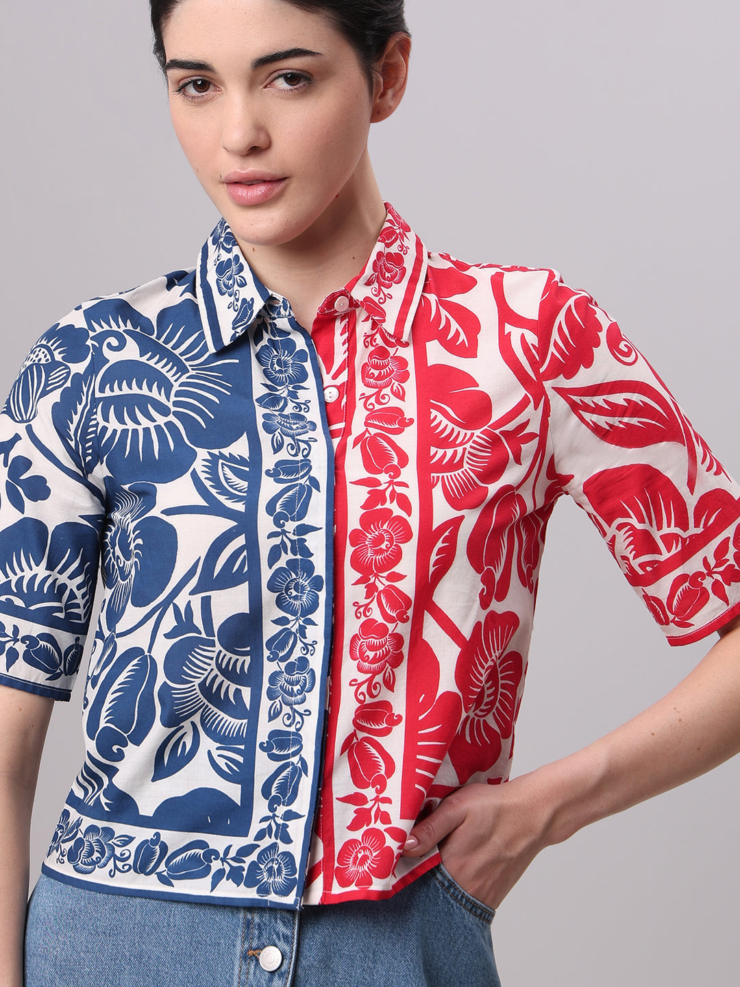 Colourblocked Printed Cotton Shirt
