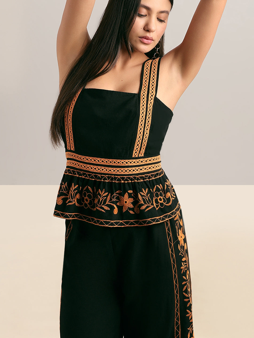 Black Contrast Embroidered Top