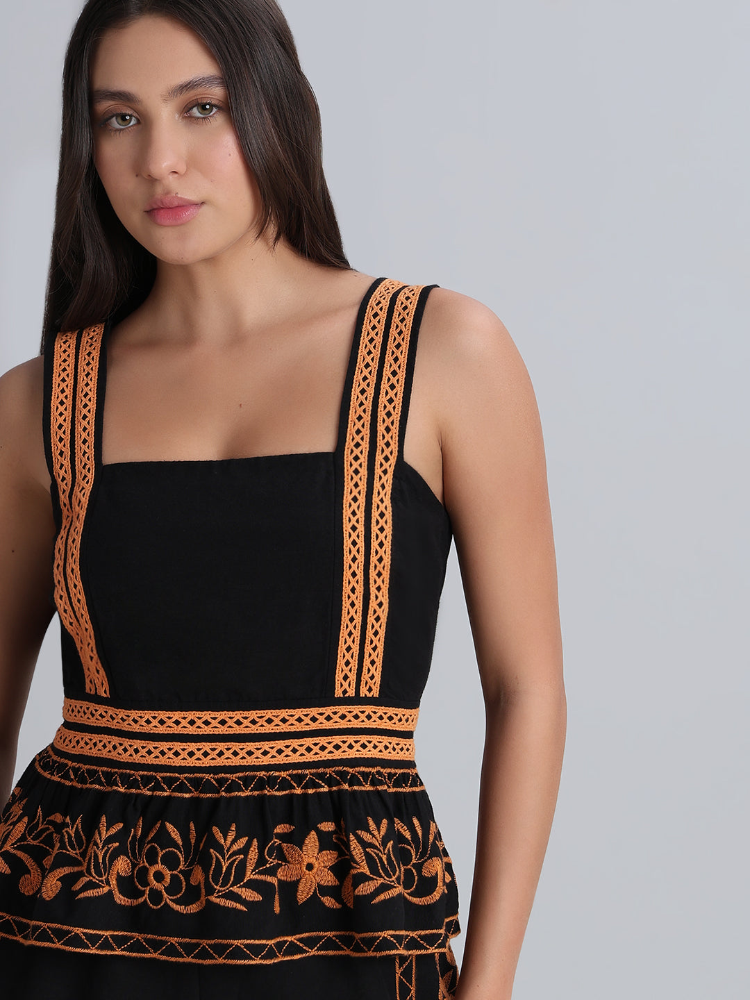 Black Contrast Embroidered Top