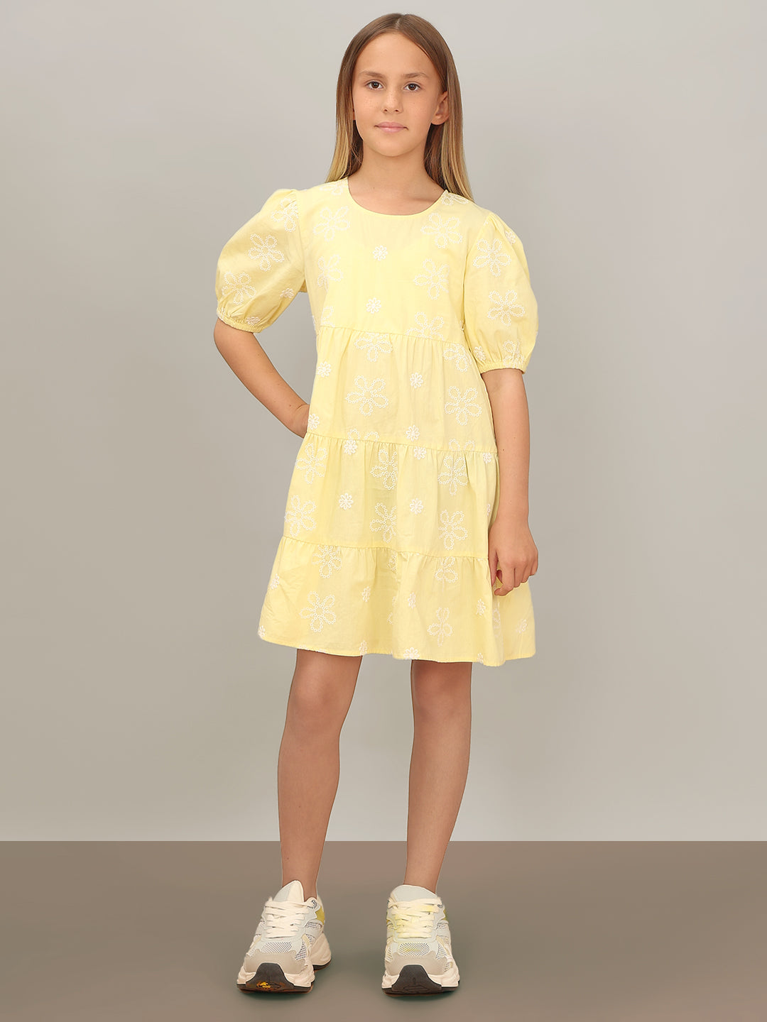 GIRL Yellow Embroidered Tiered Dress