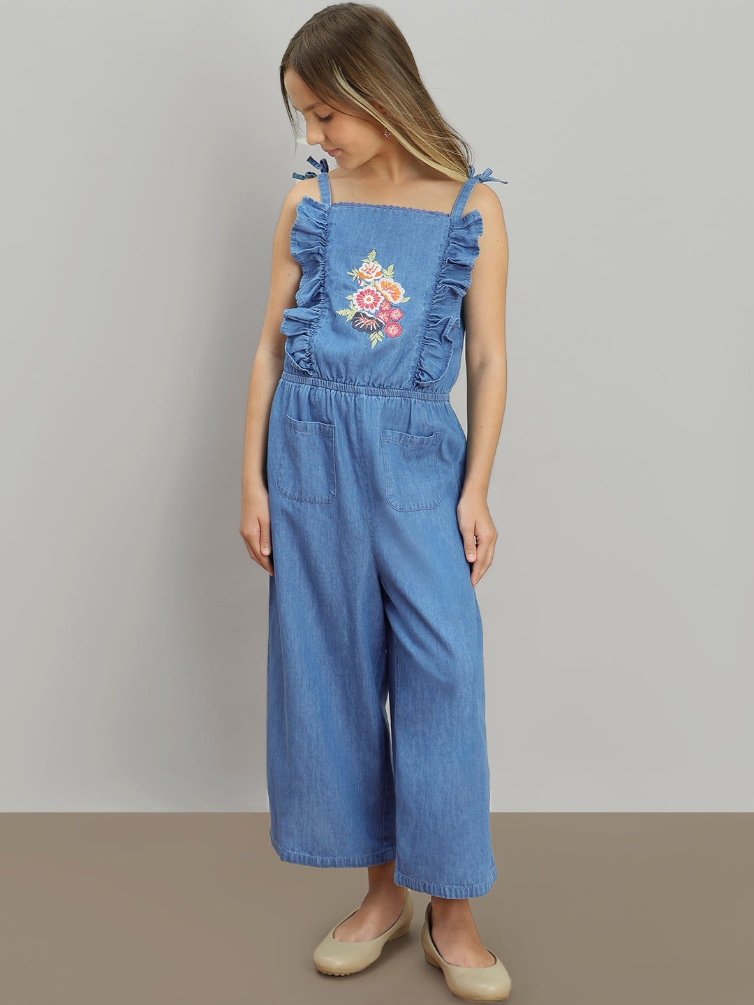 GIRL Blue Embroidered Print Denim Jumpsuit