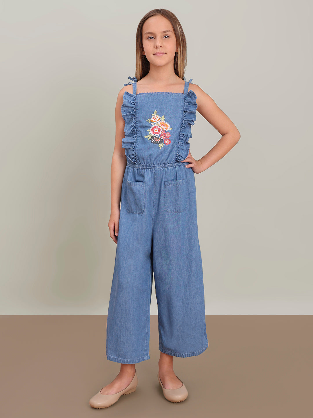 GIRL Blue Embroidered Print Denim Jumpsuit