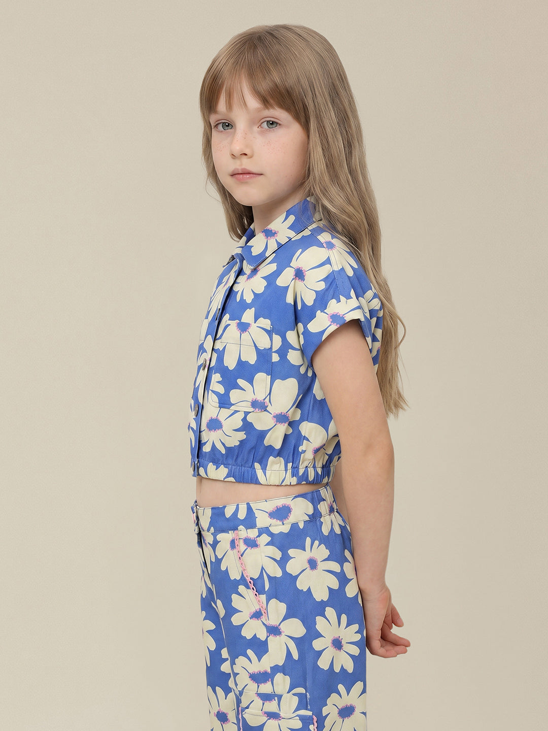 GIRLS Blue Floral Cropped Shirt