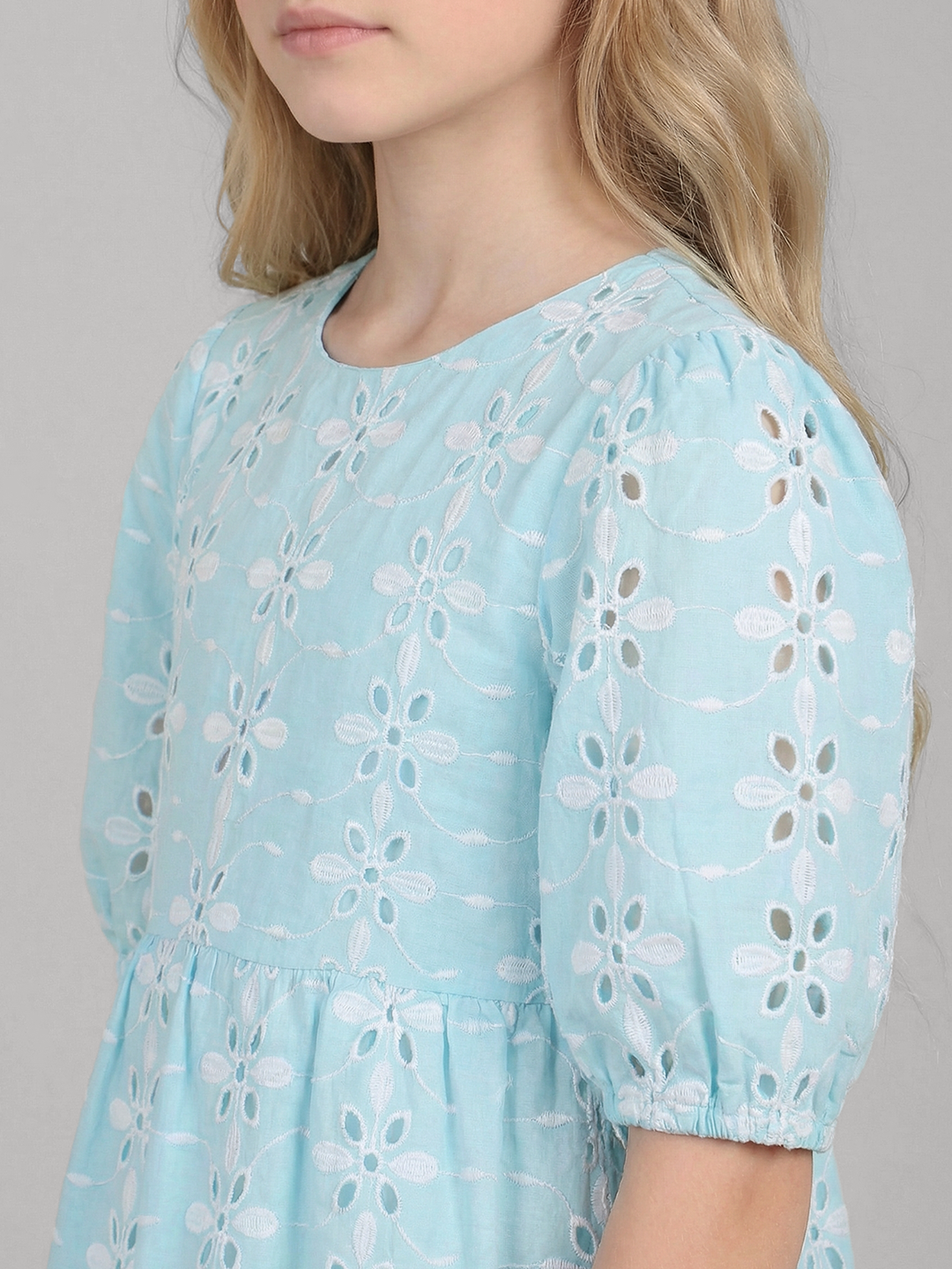 GIRLS Blue Embroidered Tiered Dress