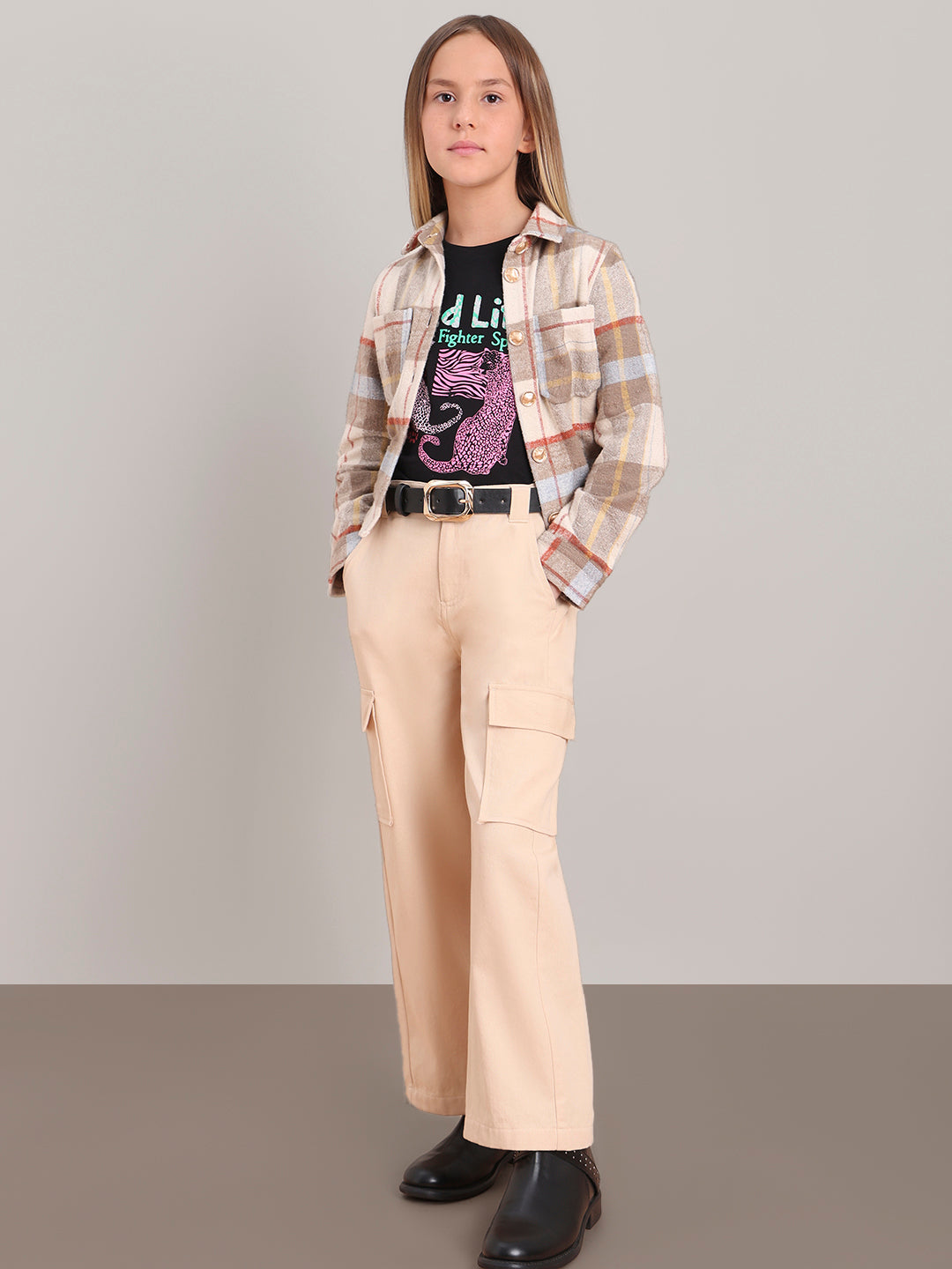 GIRL Mid Rise Wide Leg Cargo Pants - Beige