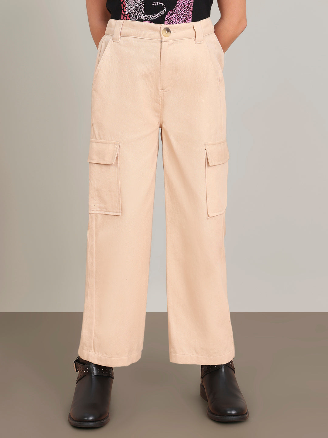 GIRL Mid Rise Wide Leg Cargo Pants - Beige