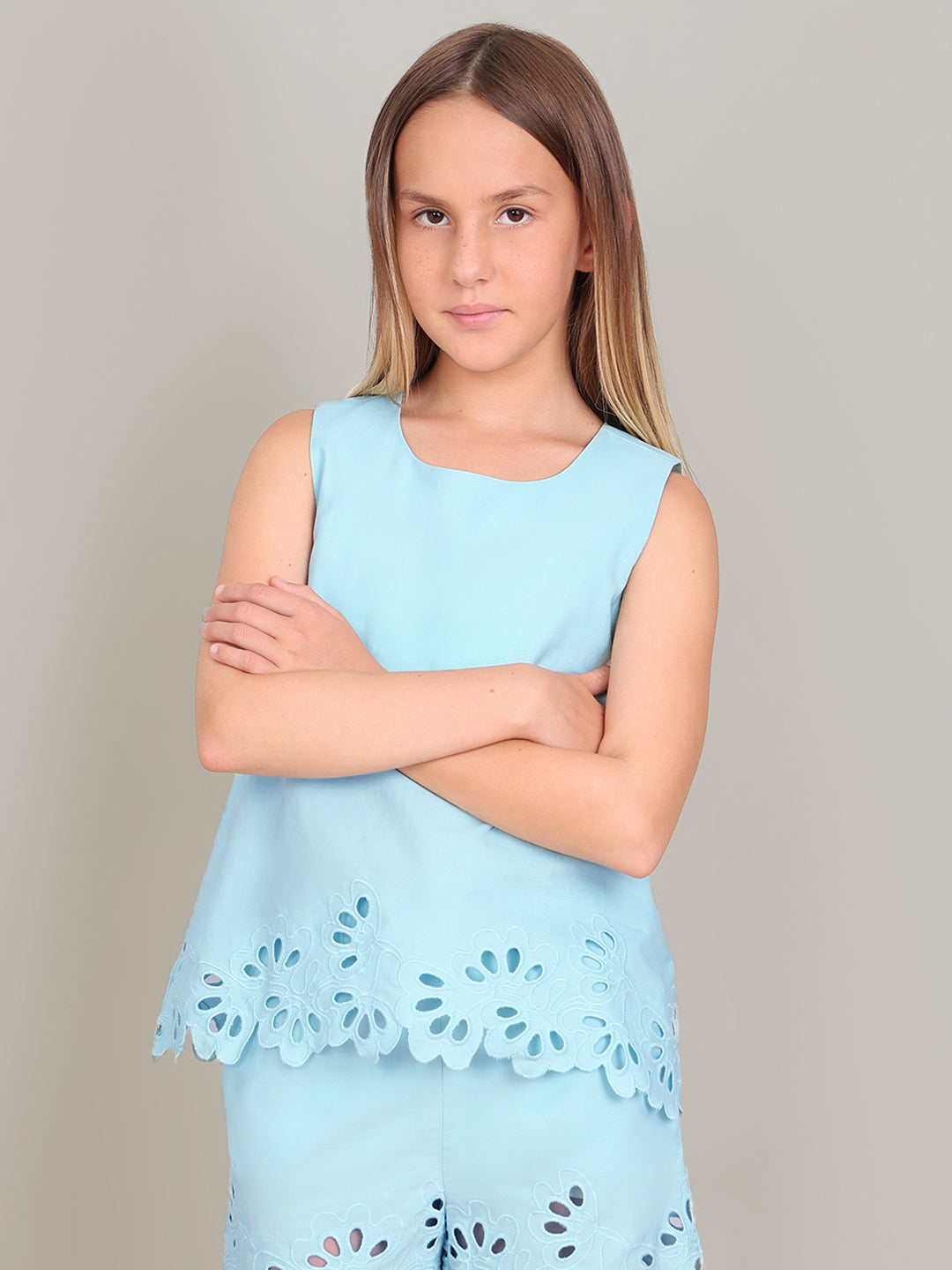 GIRL Blue Cut-Work Sleeveless Top