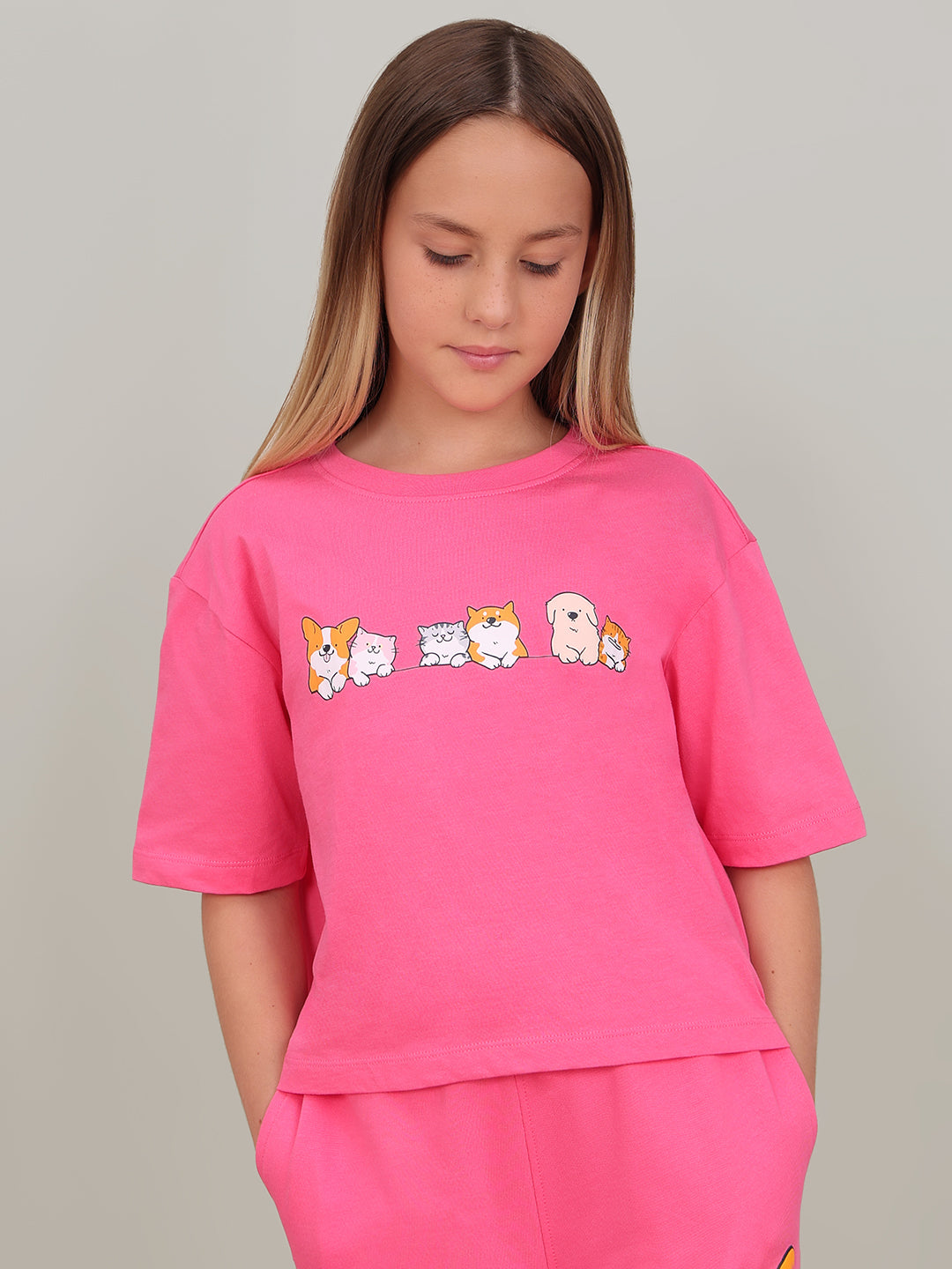 GIRL Pink Printed Cotton T-shirt
