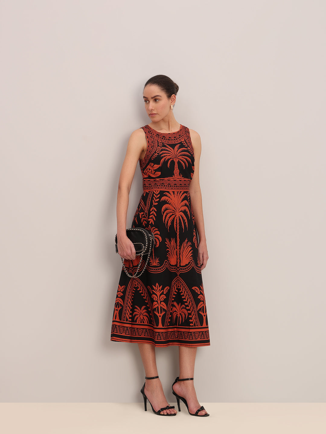 Black Printed Cotton Midi Dress