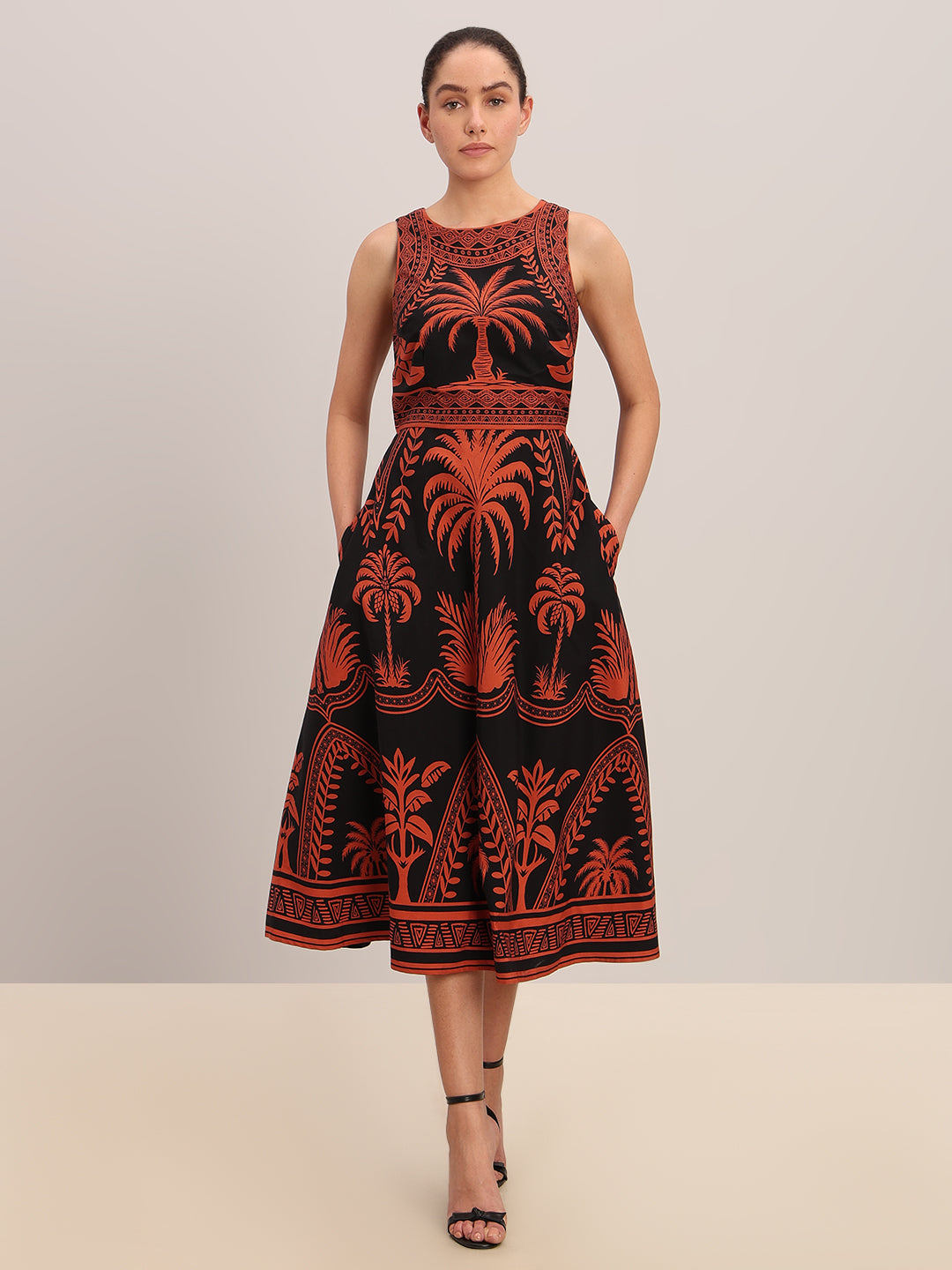 Black Printed Cotton Midi Dress
