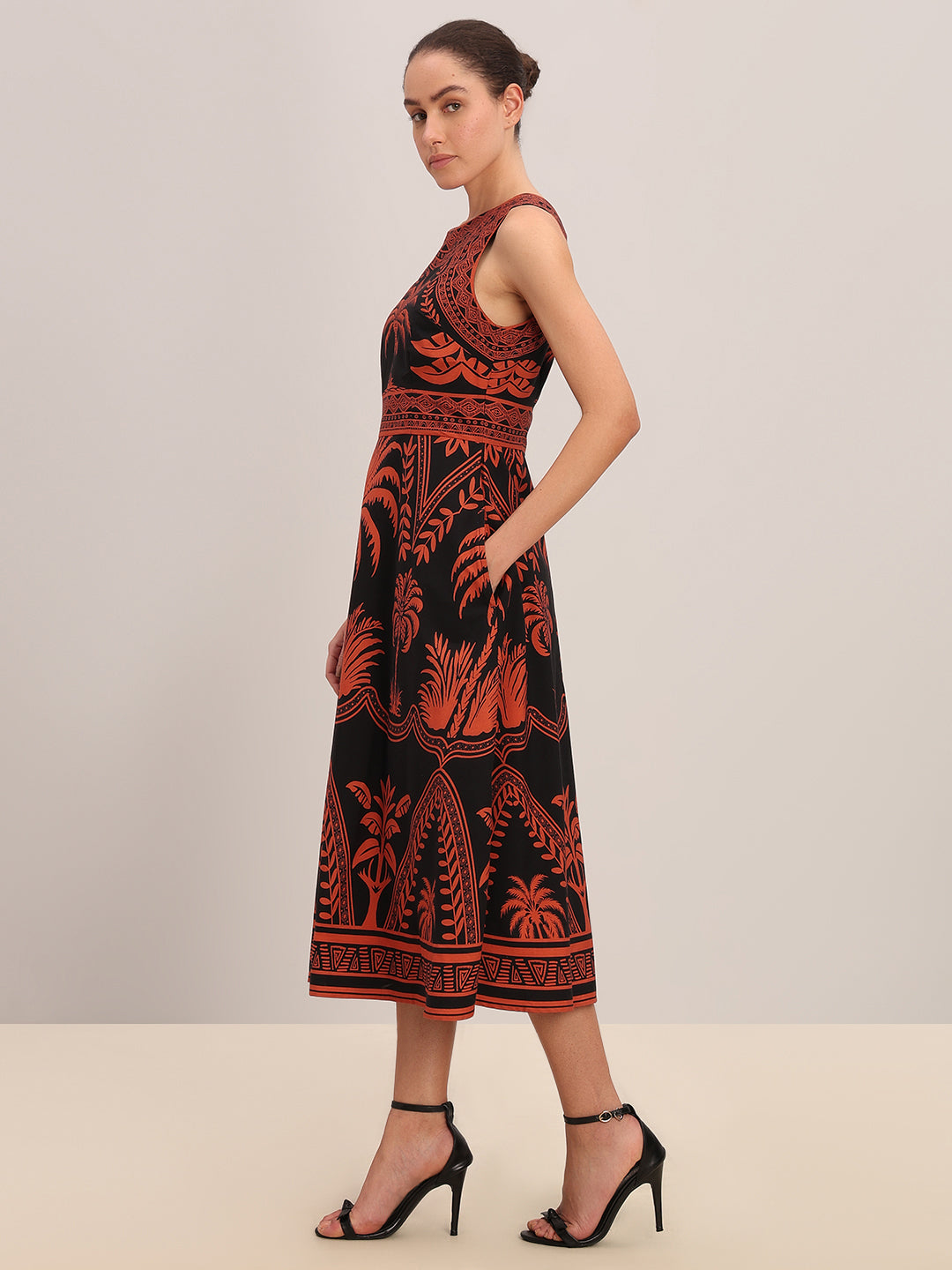 Black Printed Cotton Midi Dress