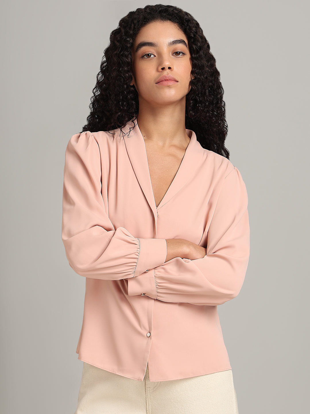 Shawl Collar Full Sleeves Top - Pink