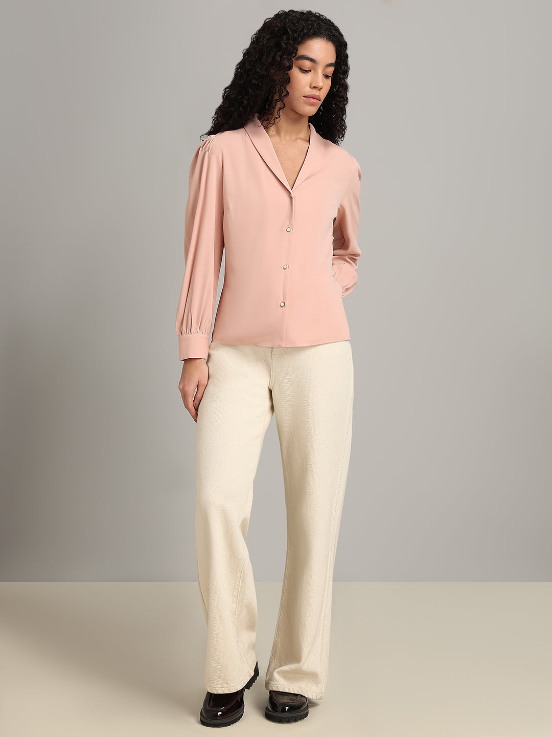 Shawl Collar Full Sleeves Top - Pink