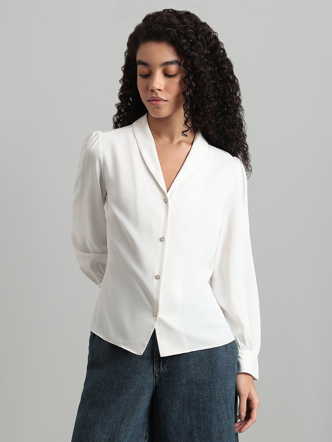 Shawl Collar Full Sleeves Top - White